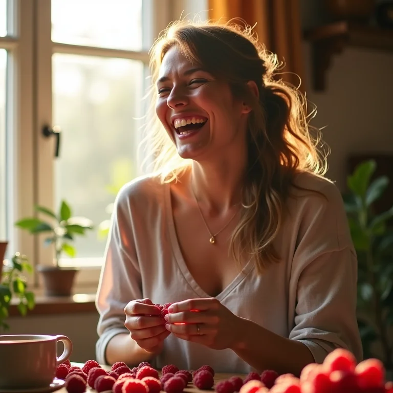Mulher preparando chá de framboesa seca sorrindo