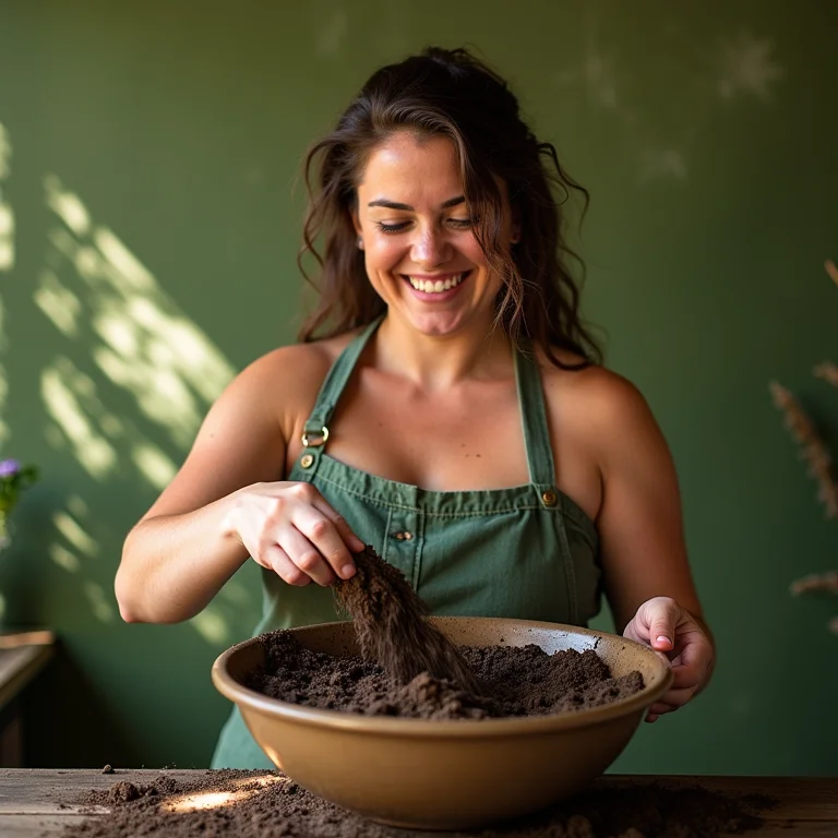 Mulher preparando mistura de solo para ervas