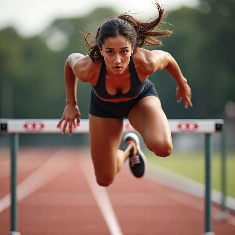 Mulher pulando barreiras em corrida de atletismo