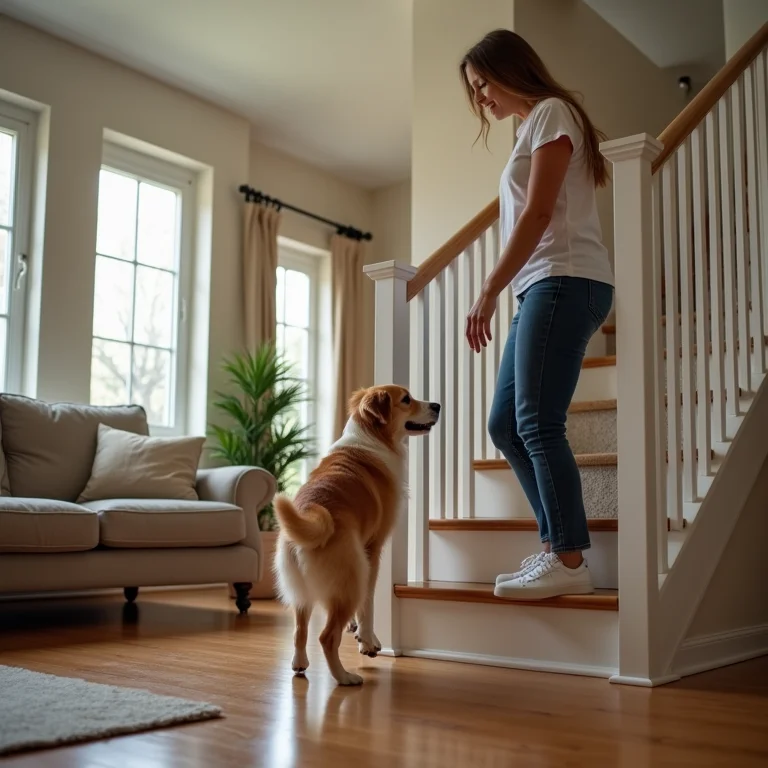Mulher redirecionando o cachorro da escada