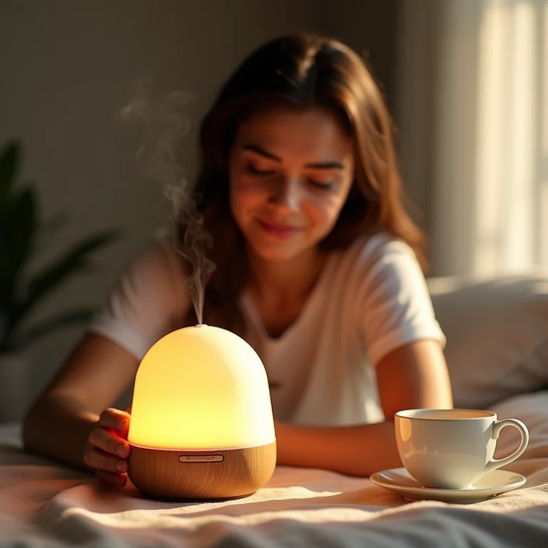 Mulher relaxando com difusor de aromas e chá
