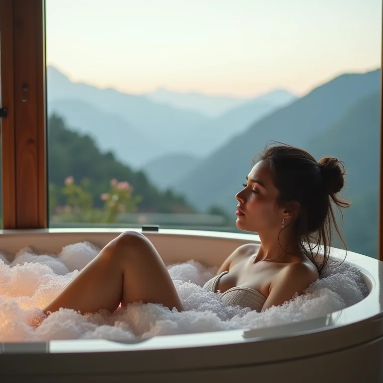 Mulher relaxando em banheira de hidromassagem com vista para as montanhas