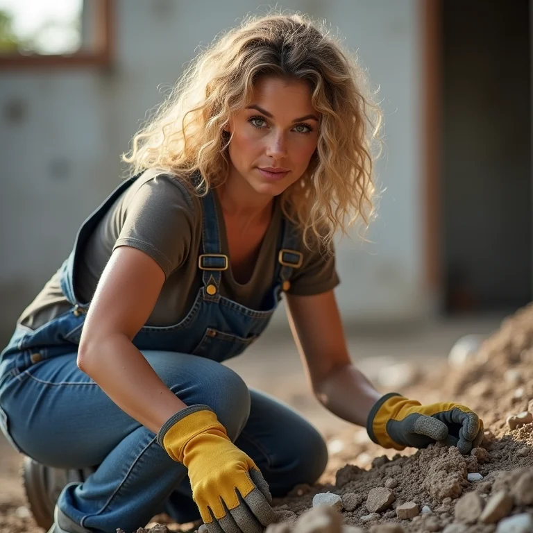 Mulher removendo entulho em obra.