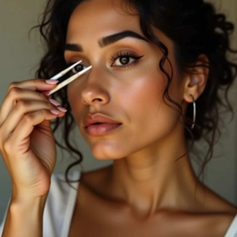 Mulher removendo pelos da sobrancelha com pinça