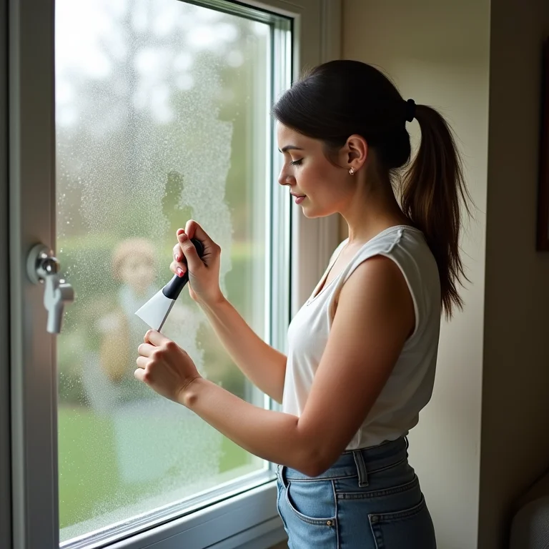 Mulher removendo resíduos de adesivo de janela com espátula.
