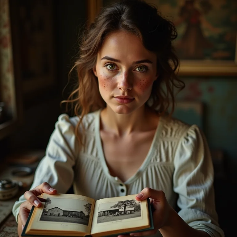Mulher restaurando um álbum de fotos antigo com imagens de uma fazenda histórica