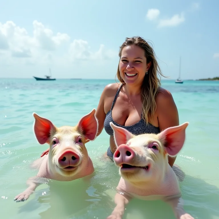 Mulher rindo enquanto interage com os porcos nadadores em Exuma, Bahamas