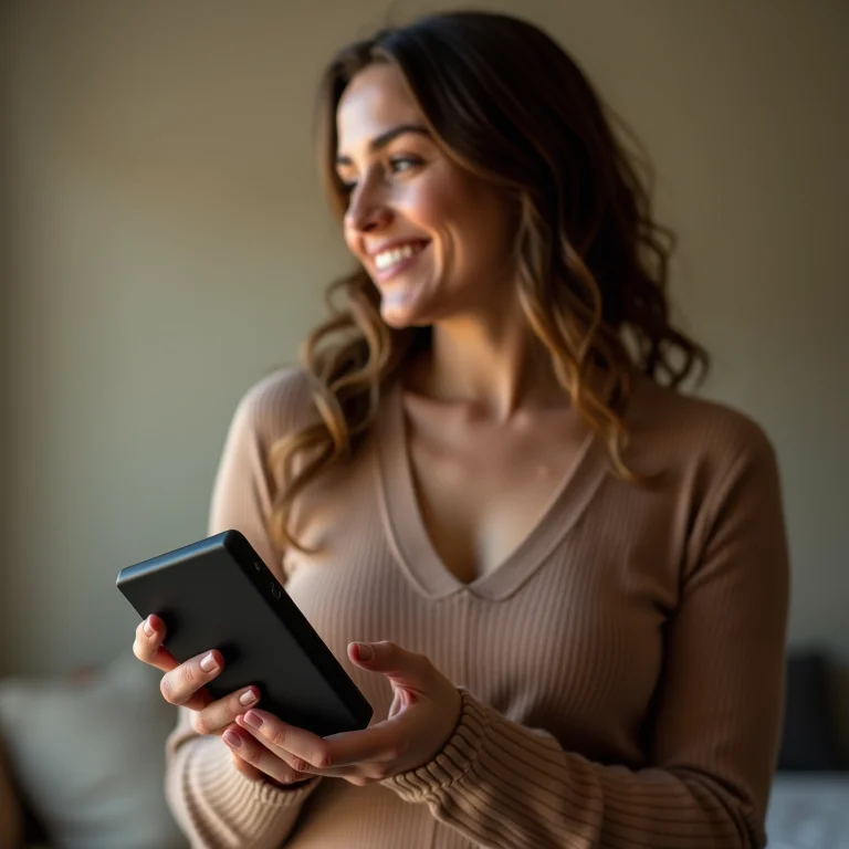 Mulher segura bateria externa com segurança