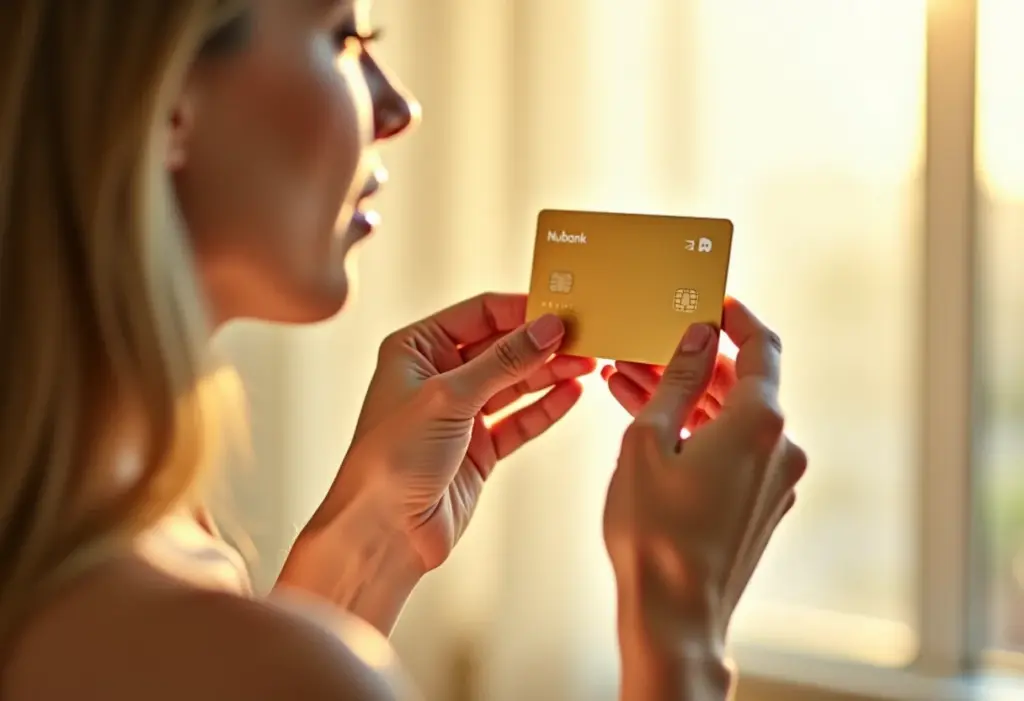 Mulher segurando cartão de crédito Nubank em apartamento iluminado