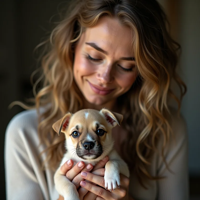 Mulher segurando filhote recém-nascido