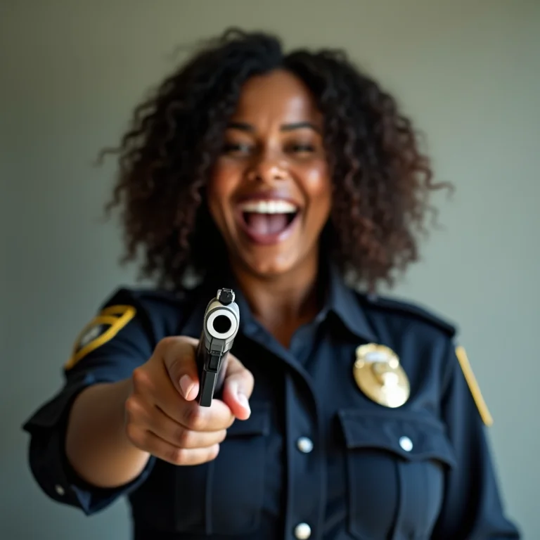 Mulher sorrindo com uniforme de policial, com tom divertido.
