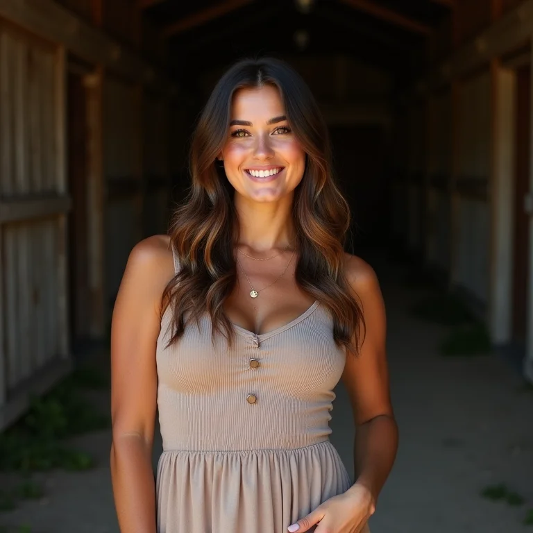 Mulher sorrindo em frente a um celeiro rústico