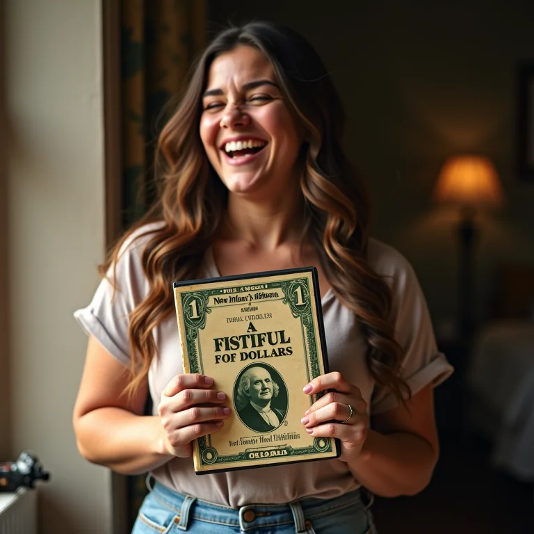 Mulher sorrindo enquanto segura um DVD do filme 'Por um Punhado de Dólares'.