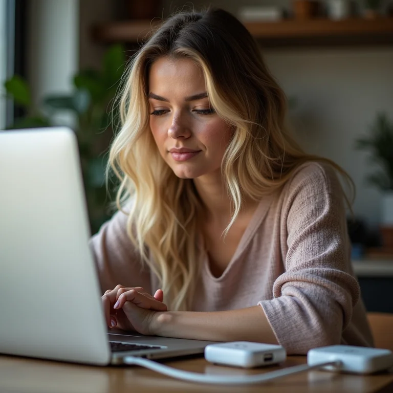 Mulher testando a compatibilidade de acessórios USB-C