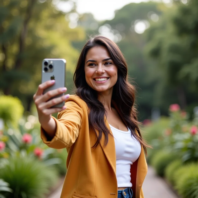 Mulher tirando selfie no Jardim Botânico de Curitiba.