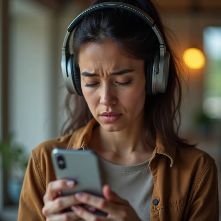 Mulher usando fones bluetooth com volume baixo.