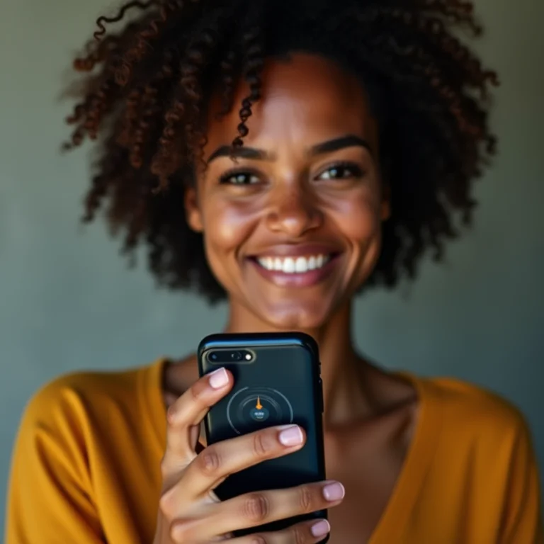 Mulher utilizando o aplicativo Speedtest by Ookla em seu celular.