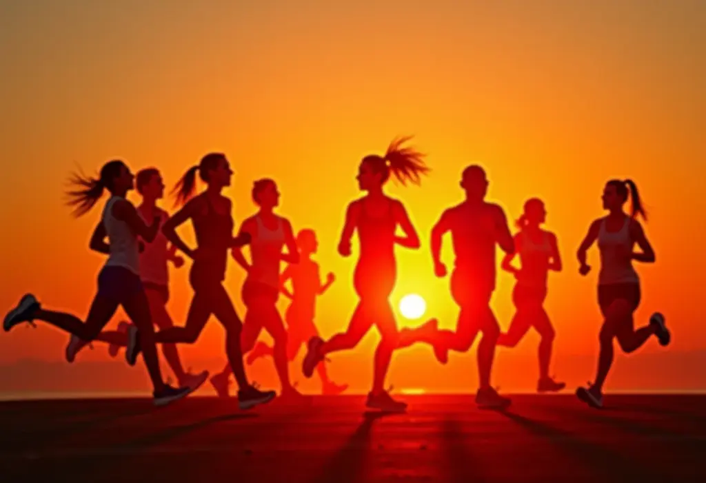 Maratona Imbatível: Os Tênis de Corrida que Turbinam sua Performance Mulheres correndo ao nascer do sol com tênis de alta performance.