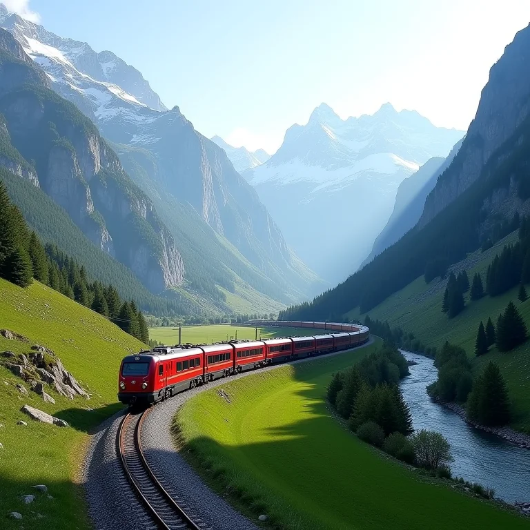 O famoso trem Glacier Express serpenteando pelos Alpes Suíços.