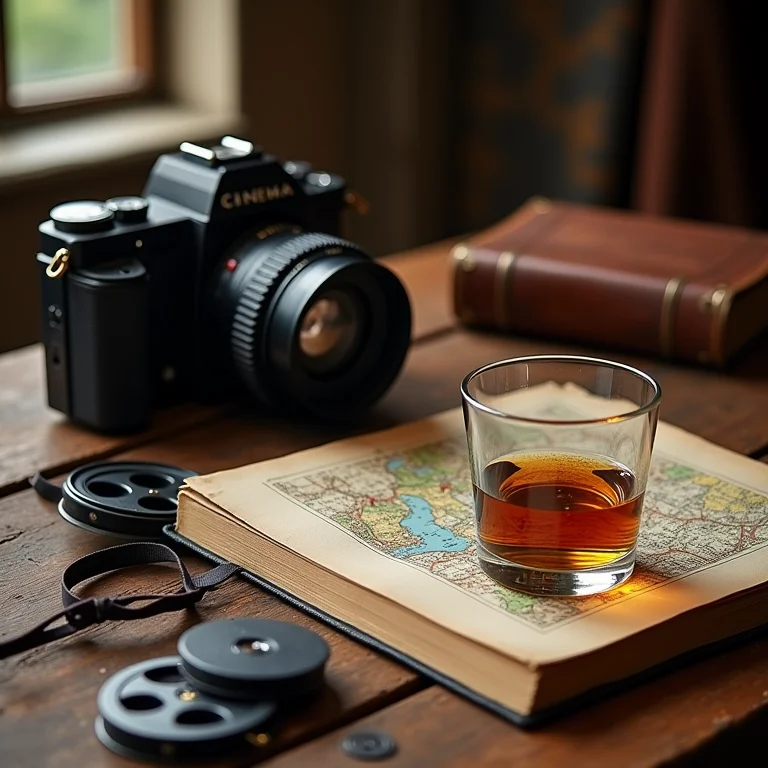 Objetos que remetem ao universo do faroeste spaghetti: câmeras antigas, mapas, livro de cinema e um copo de whisky.