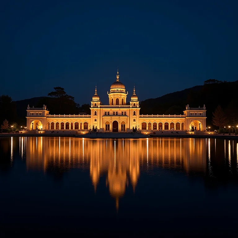 Ópera de Arame iluminada à noite, com reflexos na água.