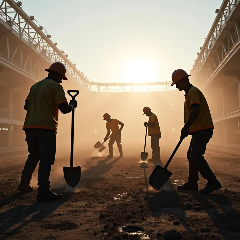 Operários e voluntários na construção do Beira Rio.