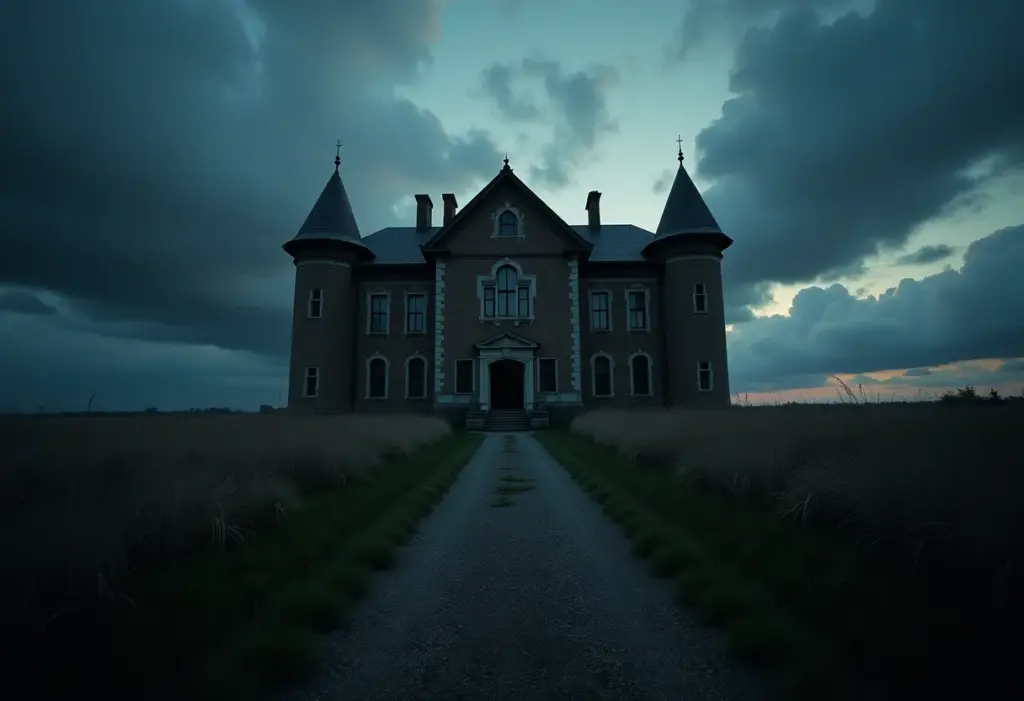 Orfanato sombrio ao entardecer, atmosfera misteriosa