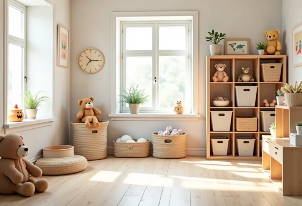 Organização de brinquedos em um quarto infantil iluminado e organizado.