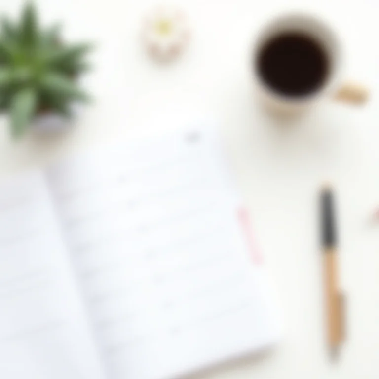 Organização e planejamento representados em uma mesa de trabalho minimalista com planner, caneta e café.