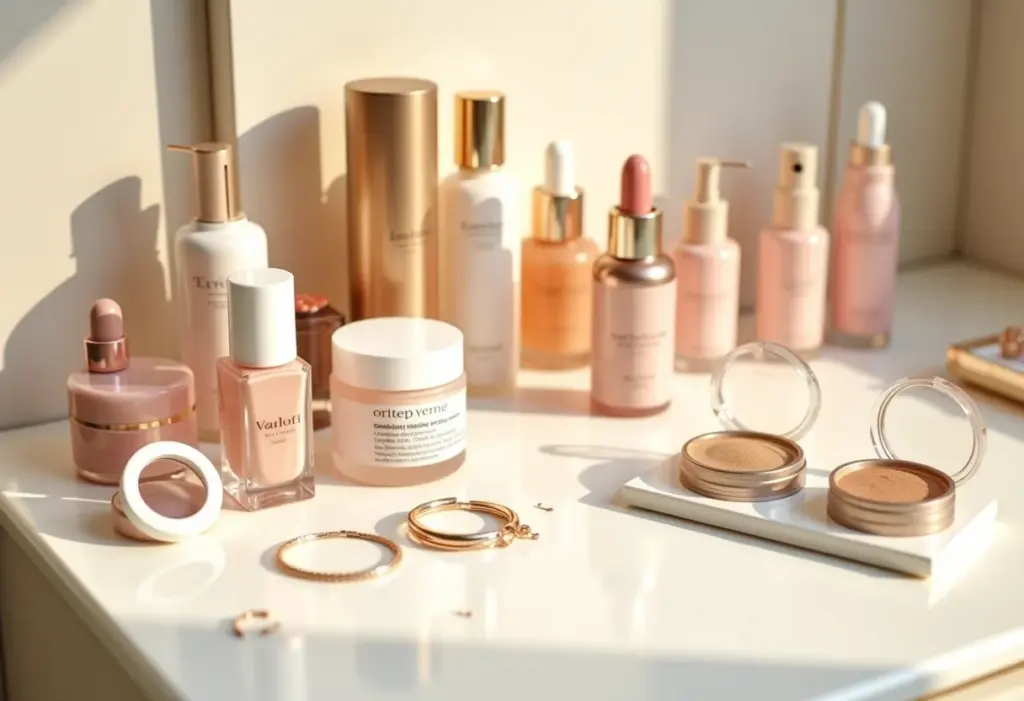 Organizador de cosméticos com maquiagens e acessórios.