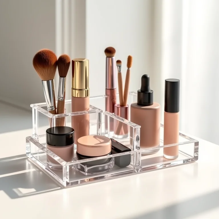Organizadores de acrílico transparentes com maquiagem.