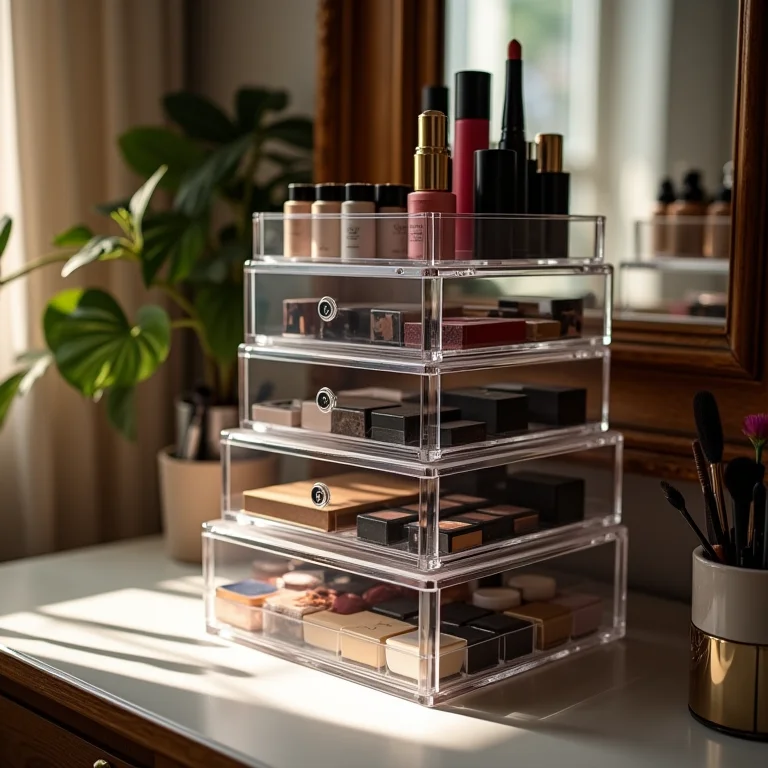 Organizadores de maquiagem empilhados verticalmente em penteadeira