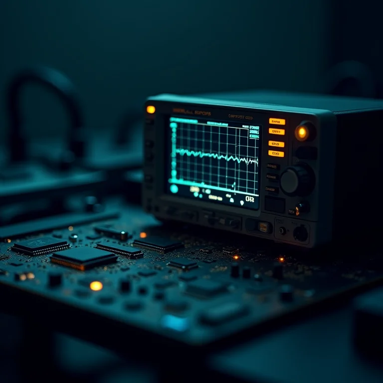 Osciloscópio mostrando ondas de sinal ao lado de uma placa de circuito impresso.