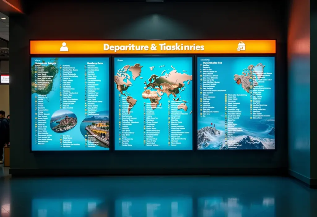 Painel de partidas de aeroporto com destinos diversos e preços acessíveis.