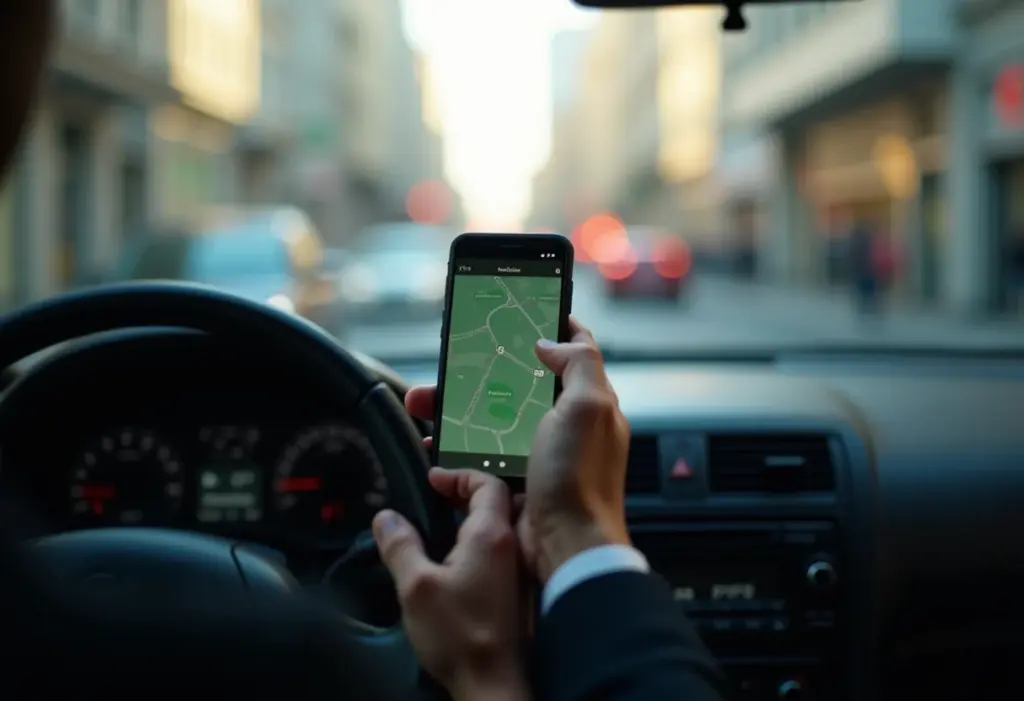 Painel de taxi com aplicativo Uber mostrando mapa de cidade estrangeira