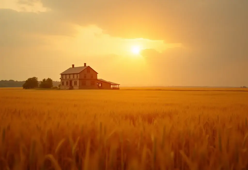 Paisagem campestre ao entardecer com fazenda histórica ao fundo