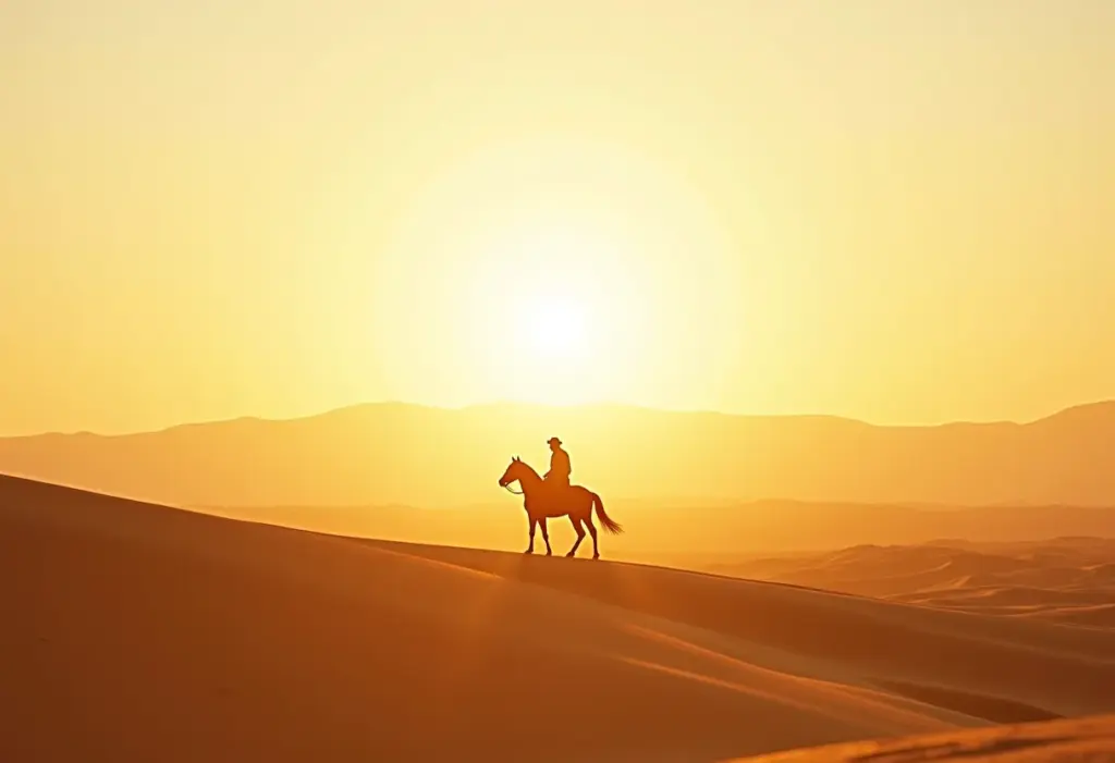 Clint Eastwood: Os 7 melhores filmes de faroeste que você precisa ver Paisagem de faroeste com cavaleiro solitário ao pôr do sol