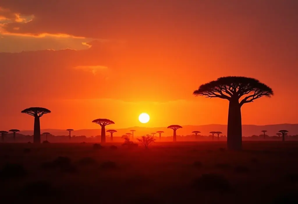 Paisagem de Madagascar ao pôr do sol com baobás