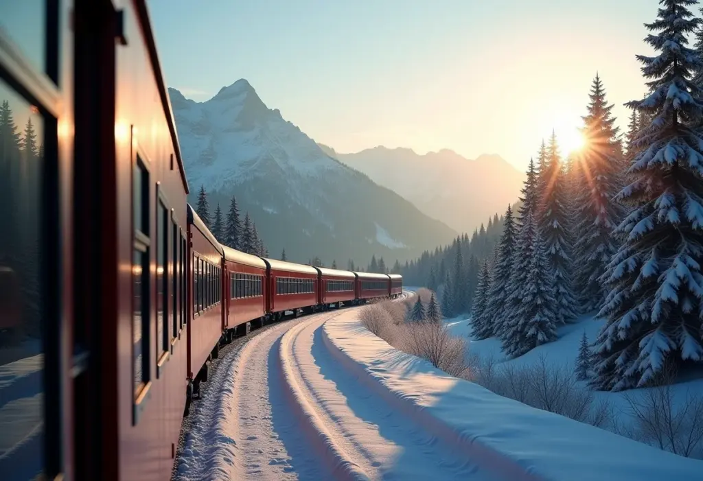 Paisagem deslumbrante de trem na Suíça com montanhas nevadas ao fundo.