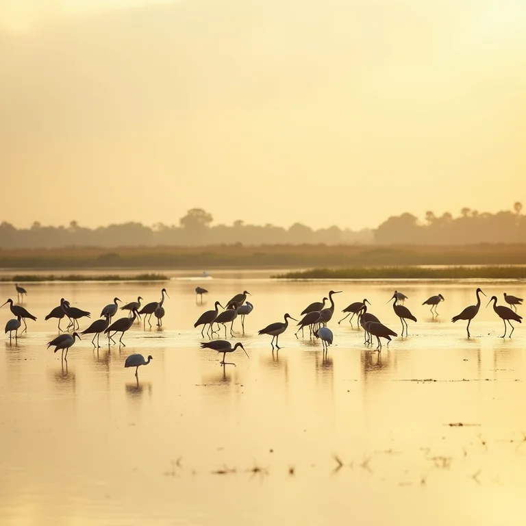 Paisagem do Parque Nacional do Pantanal com diversas aves