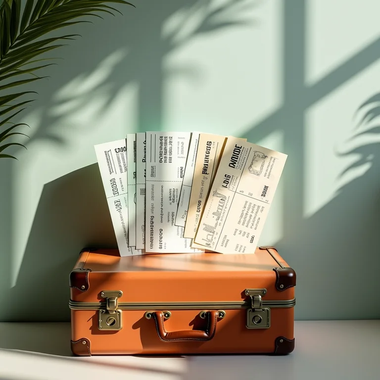 Passagens aéreas e mala vintage representando as rotas para chegar às Bahamas