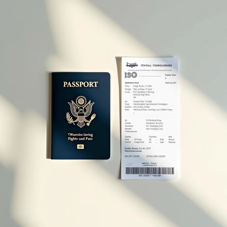 Passaporte e cartão de embarque indicando um voo com escalas.