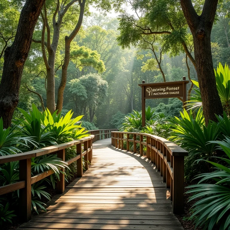 Passarela de madeira serpenteando pela floresta tropical no The Learning Forest em Singapura