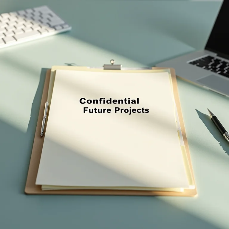 Pasta segura com documentos confidenciais sobre projetos futuros em uma mesa.