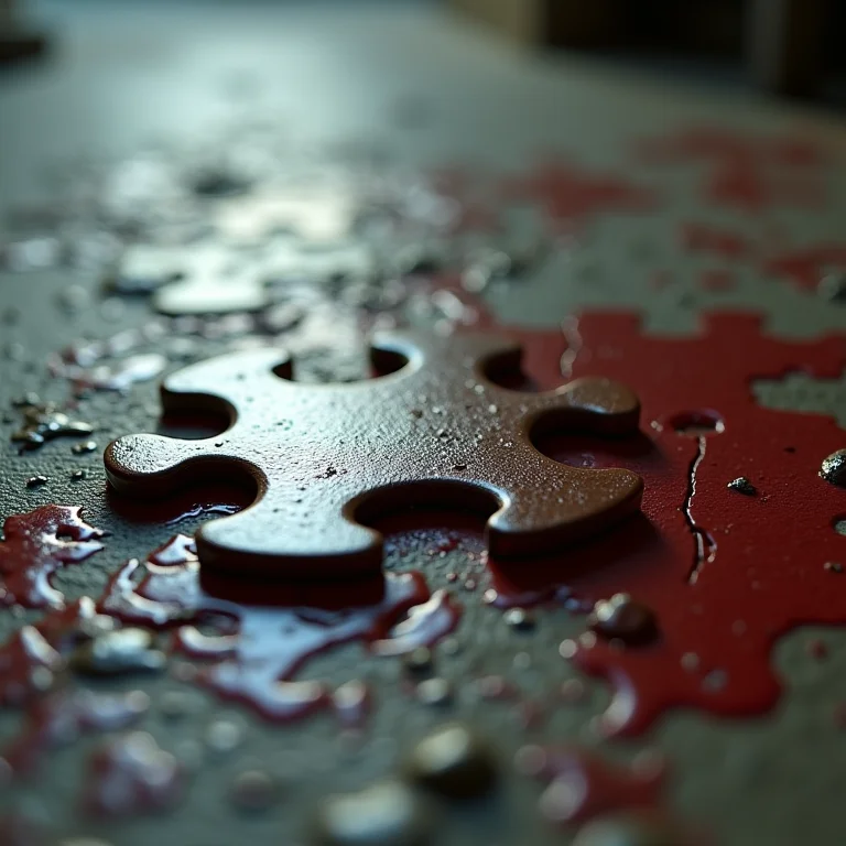 Peça de quebra-cabeça em chão sujo aludindo ao filme Jogos Mortais VI.