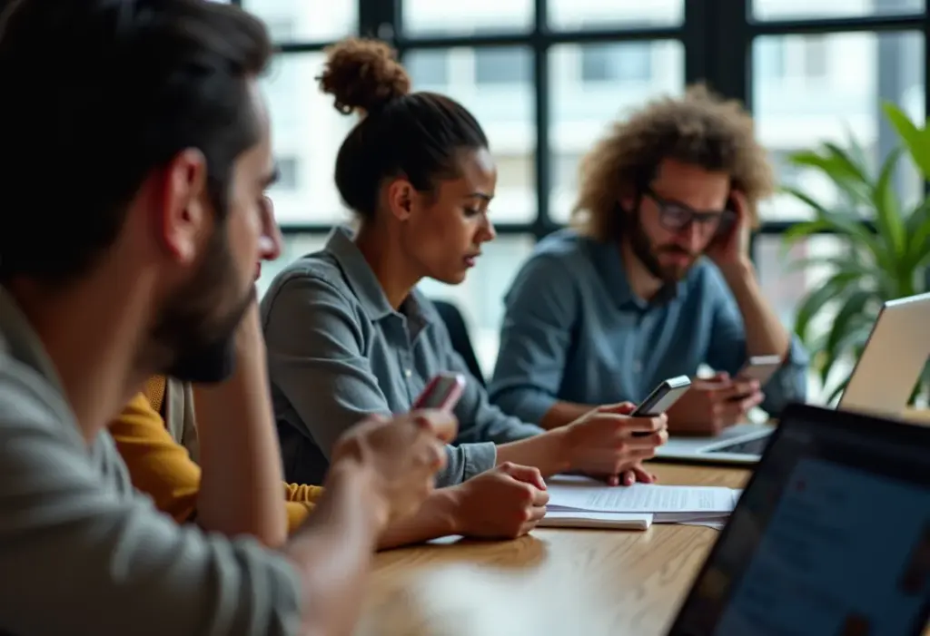 Pessoas diversas utilizando o Telegram para networking em um ambiente de escritório moderno.