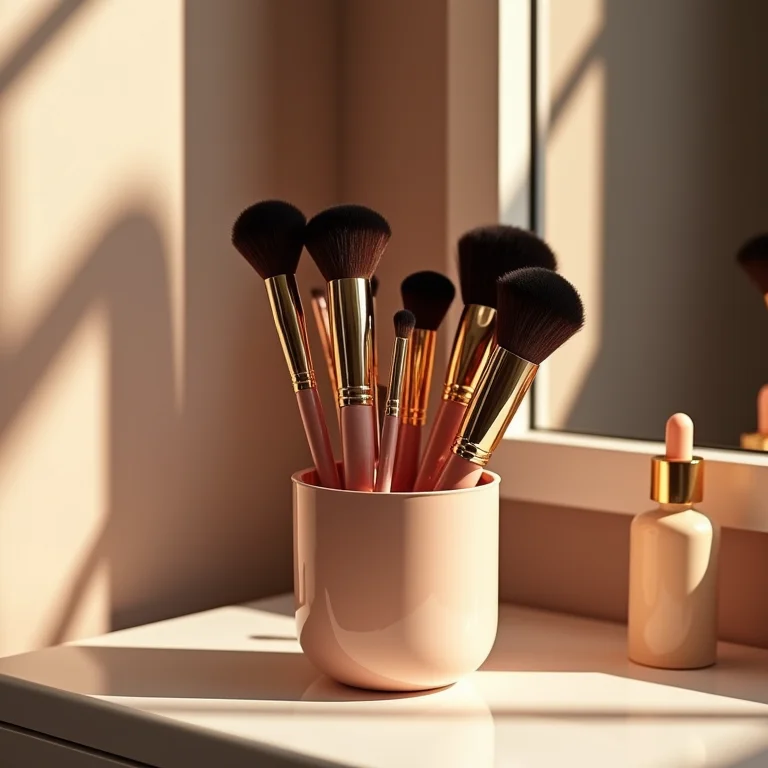 Pincéis de maquiagem exibidos em suporte elegante na penteadeira