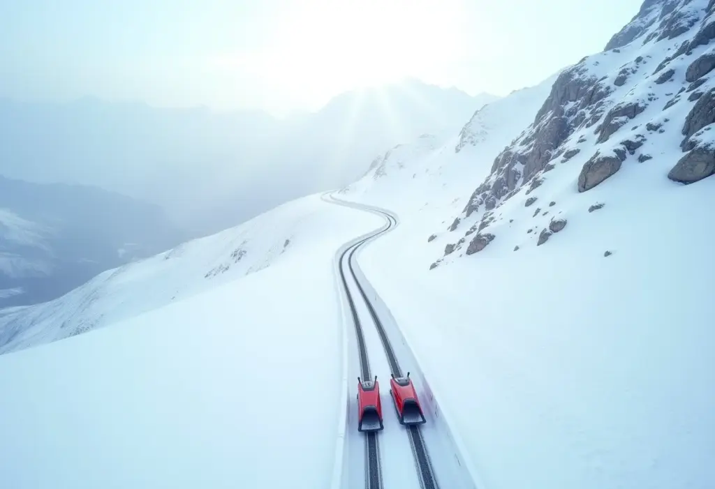 Pista de Luge em meio a paisagem montanhosa coberta de neve