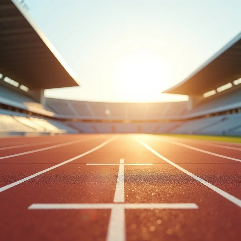 Pista de salto em distância com detalhes da área de corrida e a caixa de areia