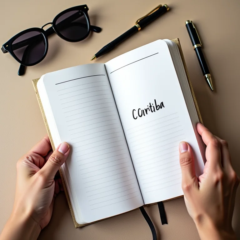 Planejador de viagem aberto com Curitiba destacado, caneta e óculos de sol.